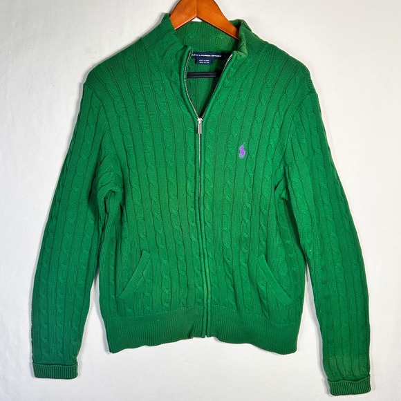 Ralph Lauren Sport Sweaters - Ralph Lauren Sport Green Cable Knit Full Zip Cotton Sweater XL Purple Pony Logo
